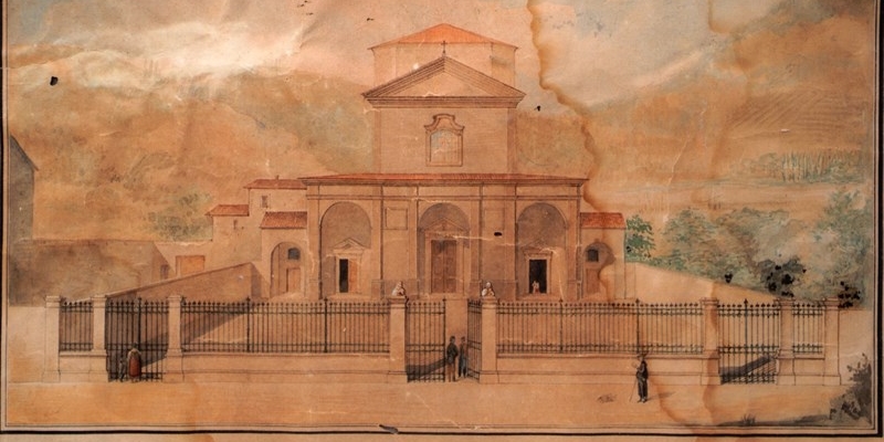 Anno 1850 – Il grande pratone antistante il Santuario del SS. Crocifisso  con la nuova cancellata.