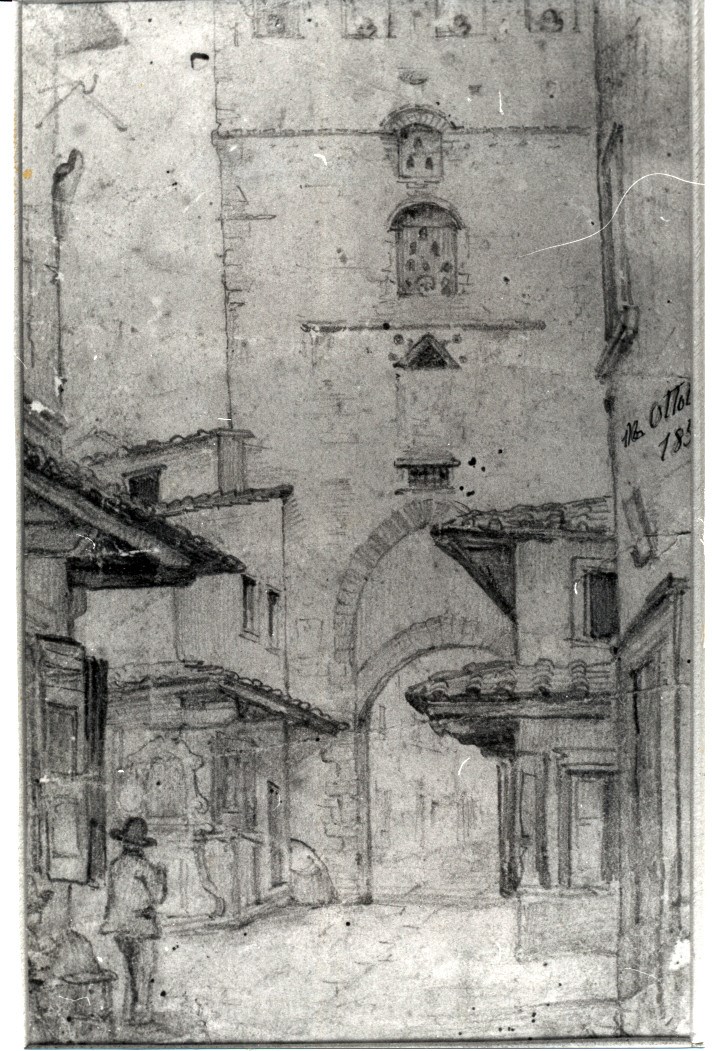 La più vecchia immagine iconografica del Tabernacolo a sinistra, sotto un piccolo porticato, all’ingresso di Via di Malacoda. Autore l’artista Angiolino Romagnoli (1820-1898) nell’ottobre del 1851.