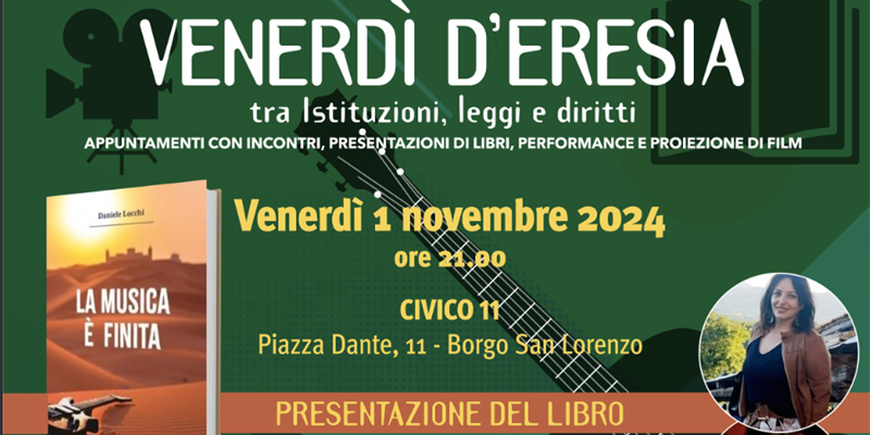 Locandina dell'evento. Presentazione del libro ""La musica è finita"",""Ezio Gensini
