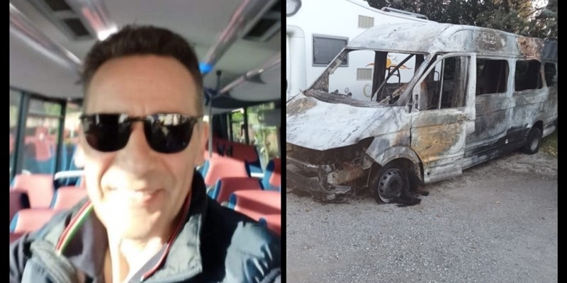 A sinistra l'autista dello scuolabus in fiamme, a destra cosa rimane dello scuolabus 24 ore dopo