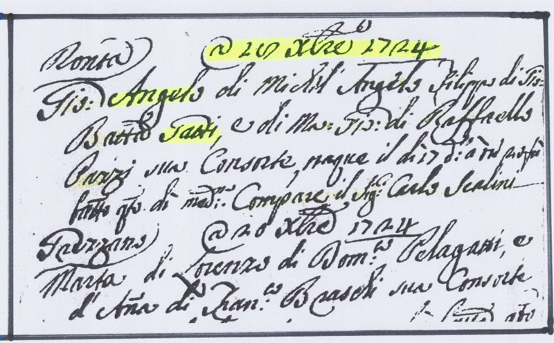L’atto di Battesimo di Angelo Gatti nel 1724