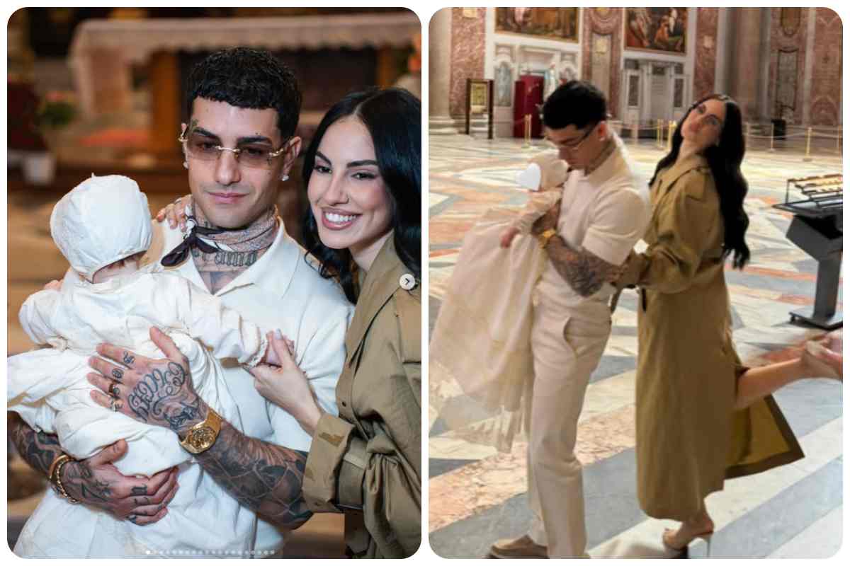 Collage Foto prese dal profilo ufficiale di Tony Effe che raffigurano il rapper con la figlia Priscilla e Giulia De Lellis al battesimo