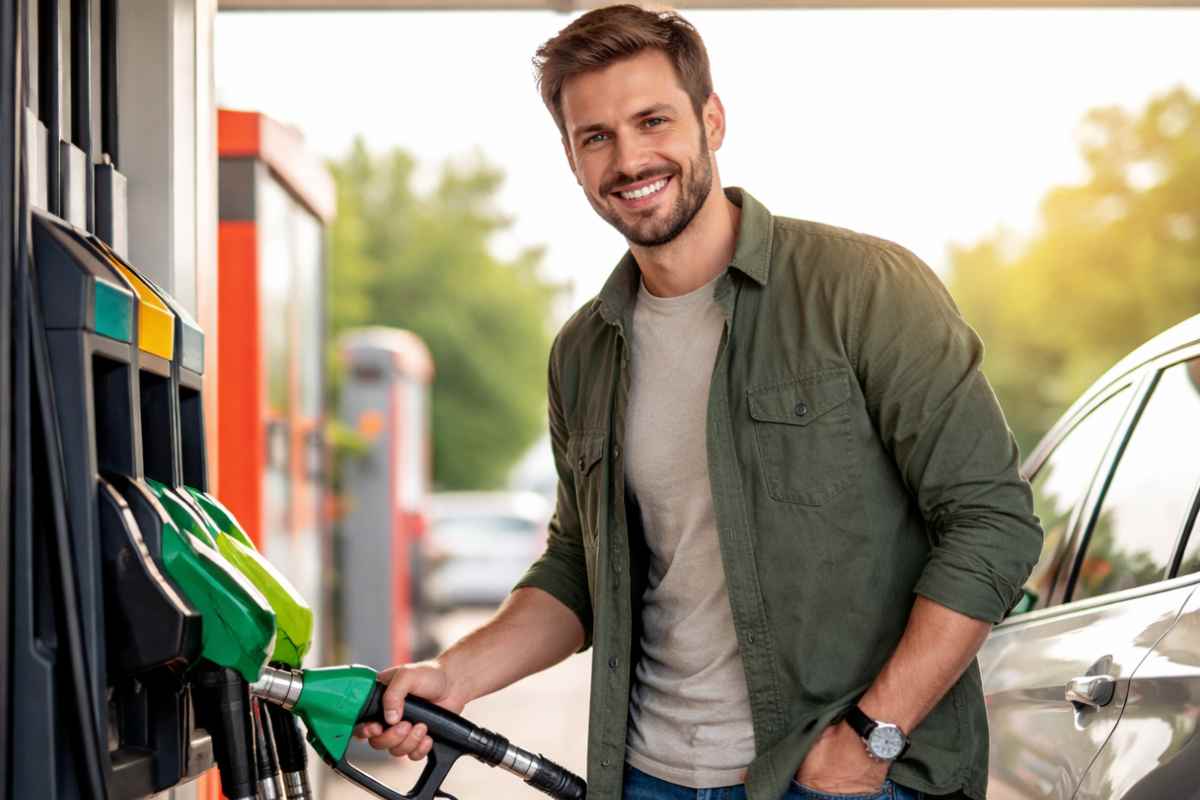 ​crea immagine orizzontale di uomo che fa benzina