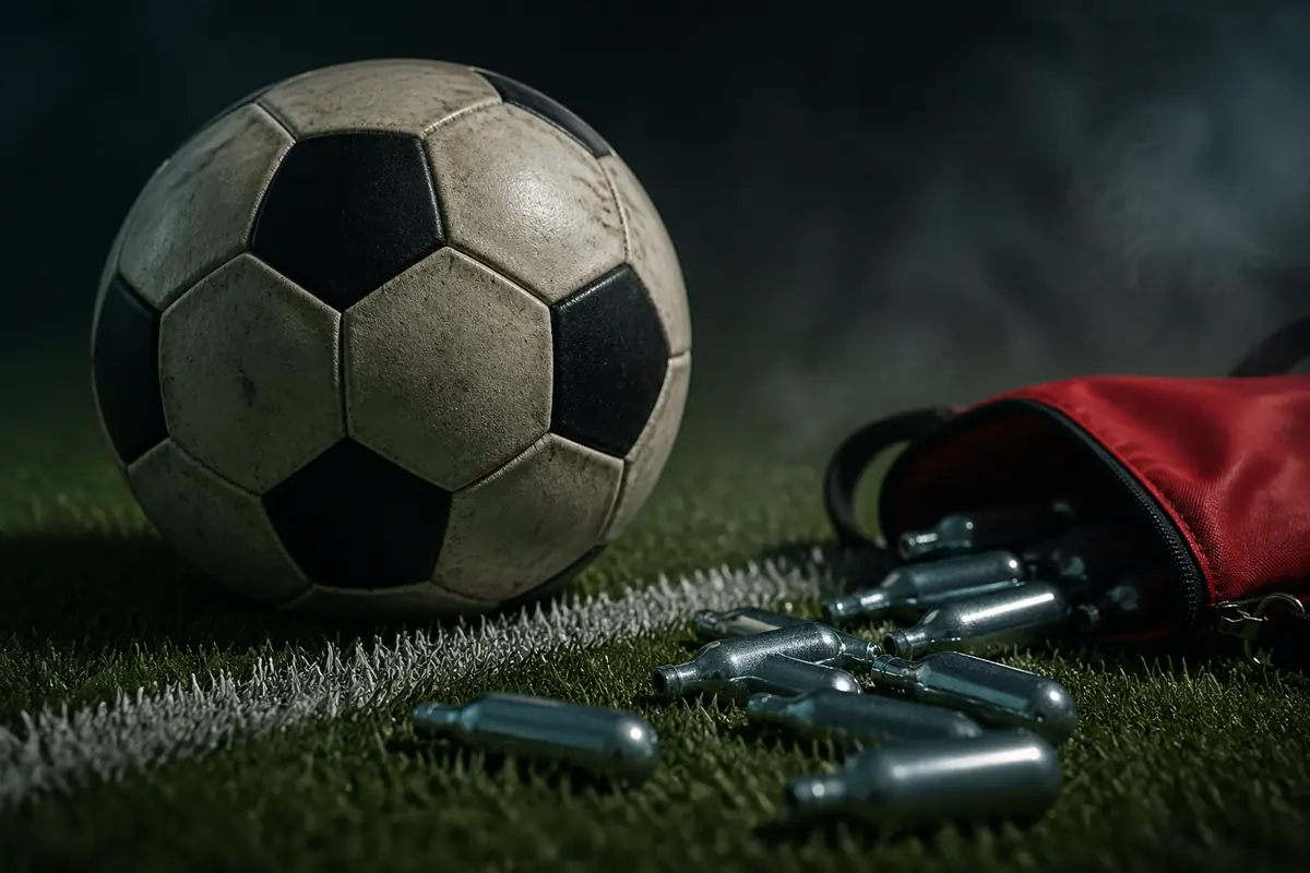 Un pallone da calcio e fiale di gas esilarante