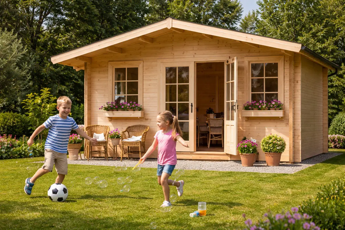 Casetta in legno bambini che giocano