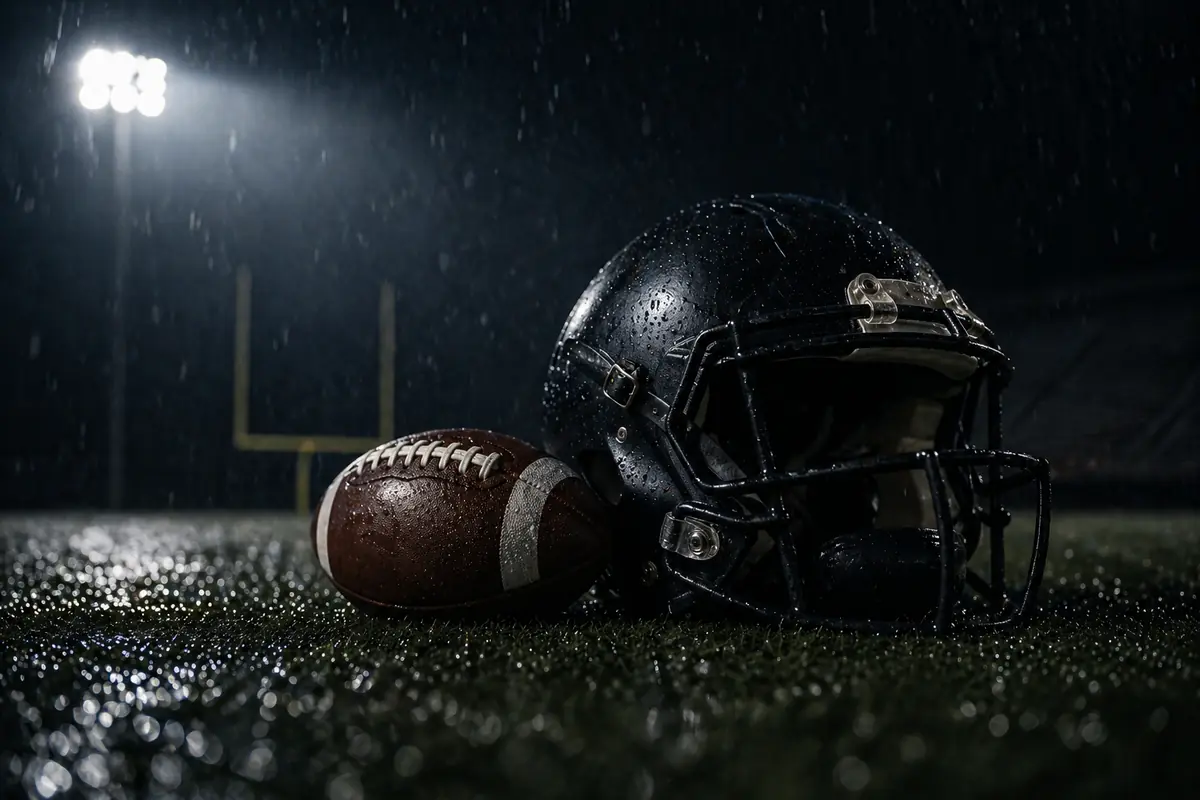 Lutto NFL casco e pallone su un campo bagnato