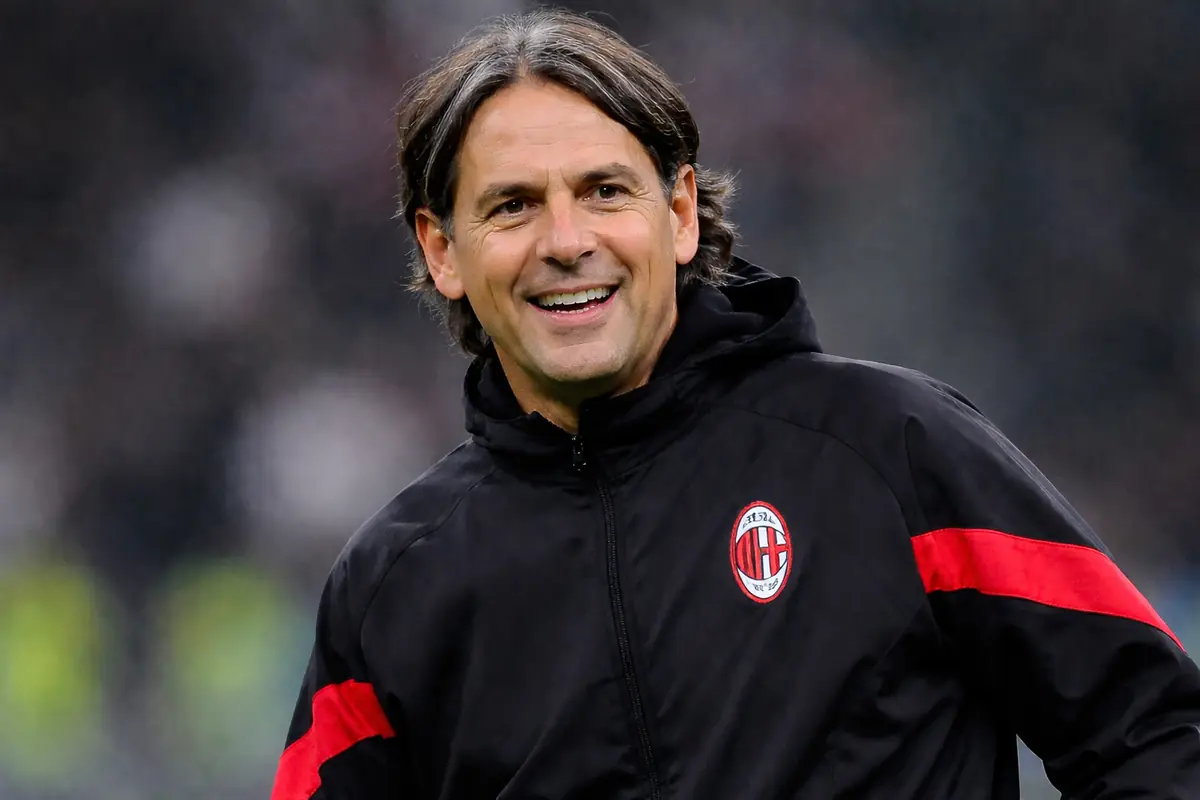 Simone Inzaghi con la tuta del Milan, immagine creata con l'intelligenza artificiale