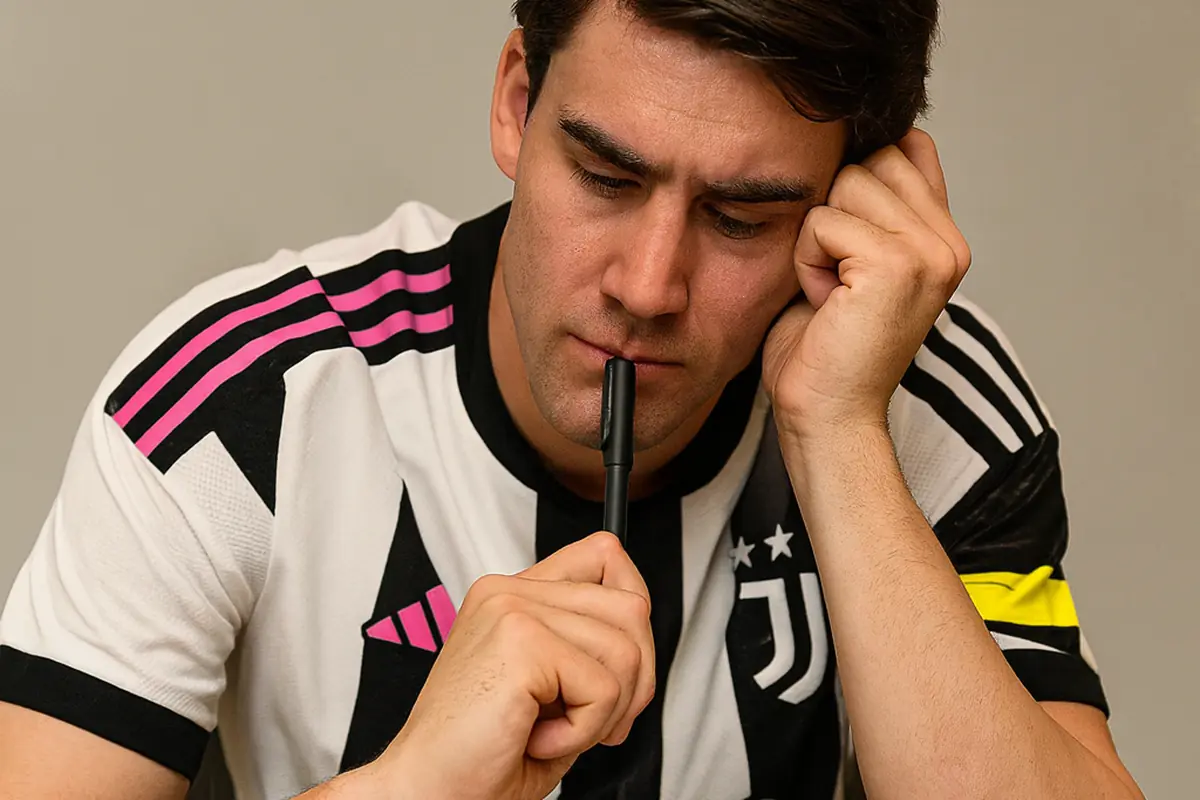 Vlahovic con la penna in mano che pensa al rinnovo con la Juve