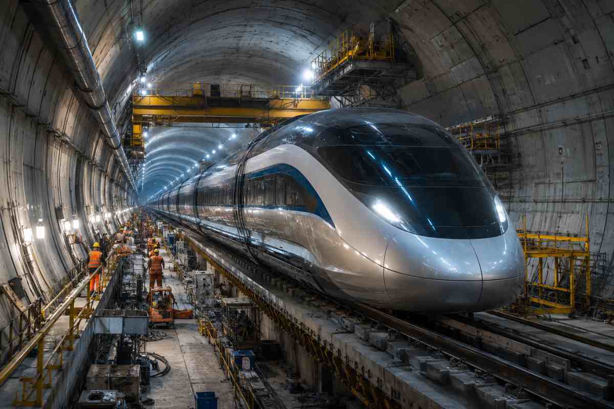 Il cantiere della linea ferroviaria ad alta velocità Shenzhen-Jiangmen, che viaggerà a oltre 100 metri sotto il livello del mare