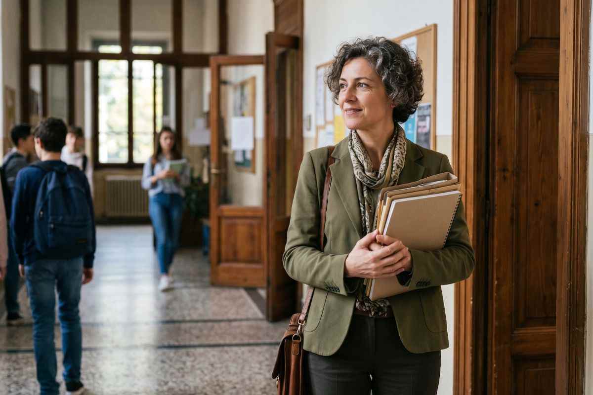 Una docente cammina nel corridoio di una scuola