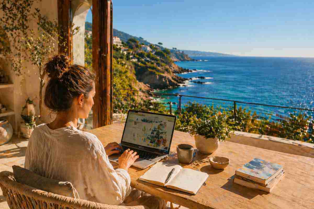 Donna lavora smartworking al mare