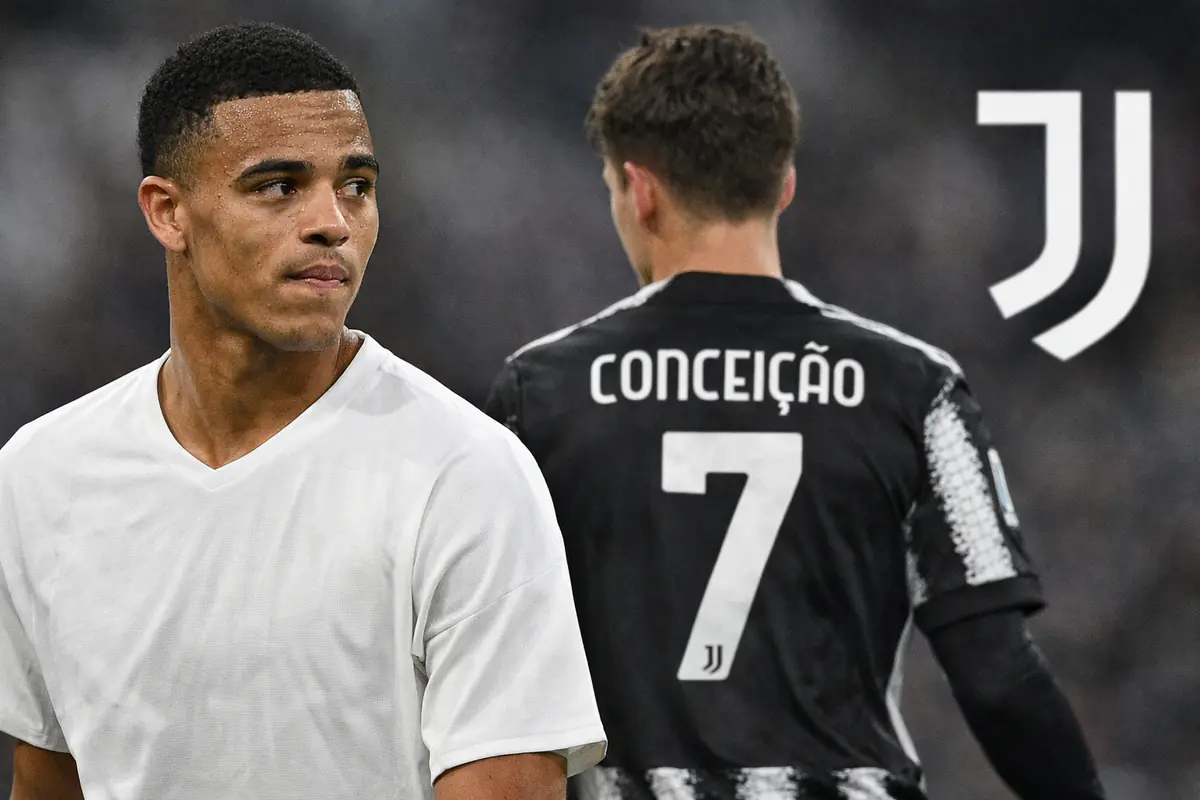 Greenwood e Conceicao con accanto lo stemma della Juve