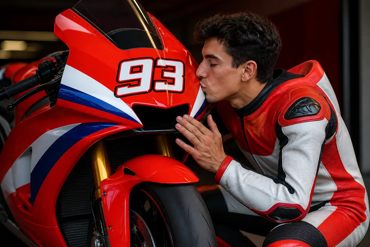 Marquez bacia una Honda 2026, immagine creata con intelligenza artificiale