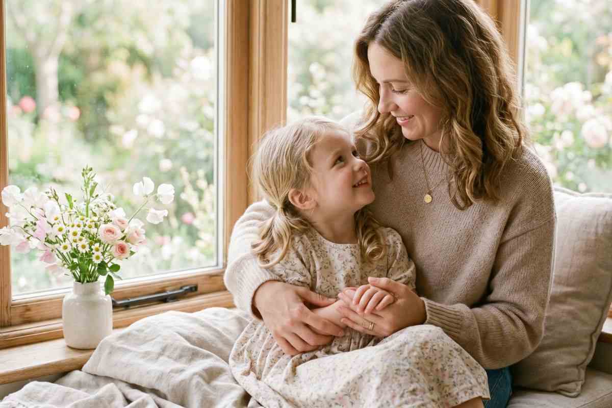 Una madre e la sua bambina si abbracciano teneramente vicino a una finestra con fiori, immagine delicata per la Festa della Mamma con poesie di Alda Merini.