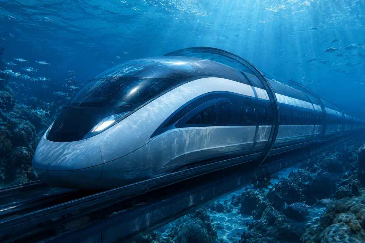 Rappresentazione concettuale di un treno ad alta velocità che viaggia all'interno di un tunnel sottomarino trasparente circondato dall'acqua