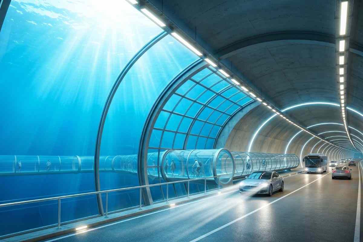Rappresentazione futuristica di un tunnel stradale sottomarino da record, luminoso e profondo, con corsie per auto e pareti trasparenti che mostrano l'oceano cristallino