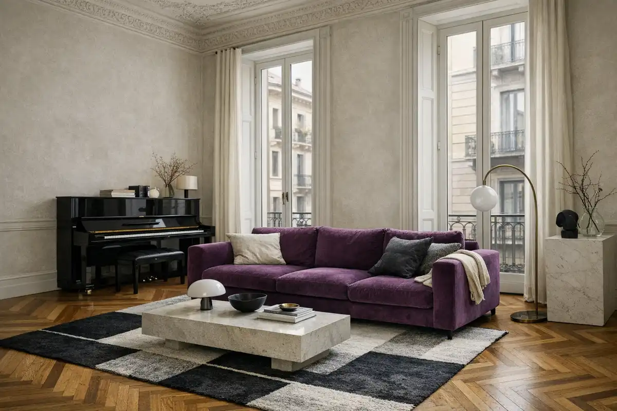 Soggiorno elegante con divano in velluto viola, pianoforte nero, grandi finestre e parquet a spina di pesce