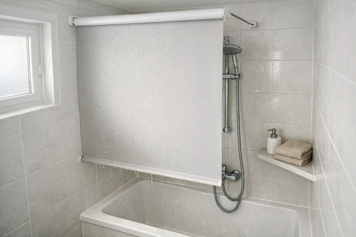 Vasca con doccia e tenda avvolgibile impermeabile parzialmente abbassata, con gocce d’acqua su piastrelle chiare