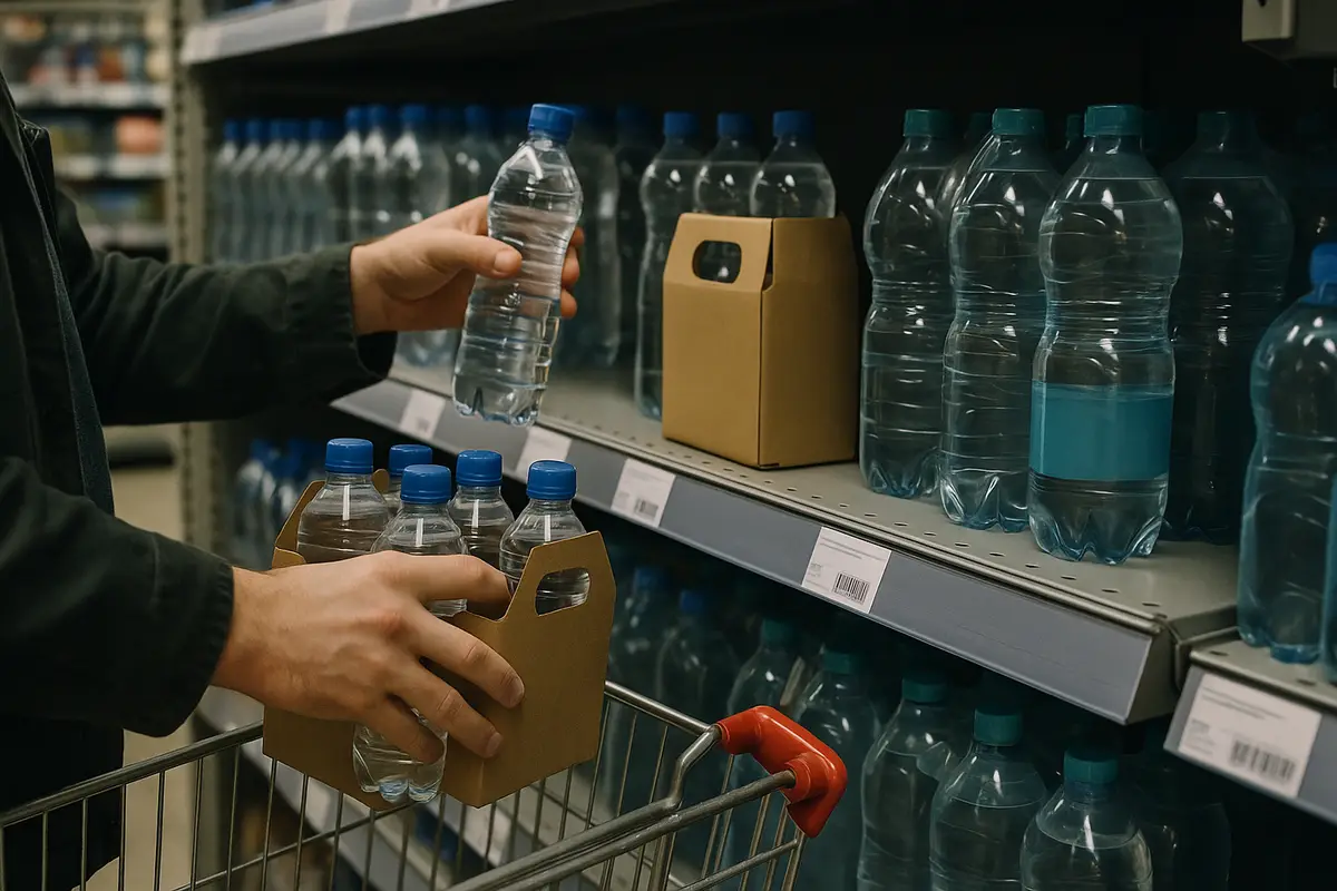 Mani di un cliente al supermercato che prende una bottiglia d’acqua, con altre bottiglie in confezione di cartone sul
