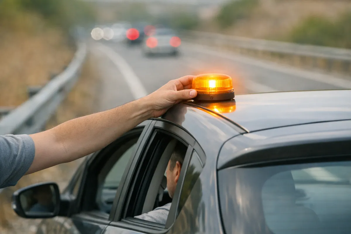 Mano che posiziona una luce d’emergenza arancione V-16 sul tetto di un’auto ferma in corsia d’emergenza