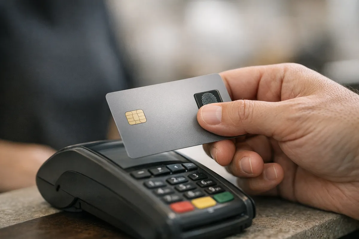 Mano che paga con carta con sensore per impronta digitale vicino a un POS con tastierino