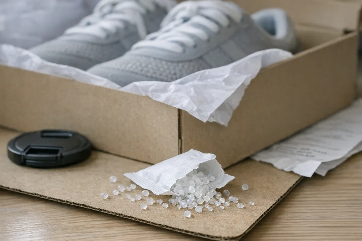 Bustina di gel di silice aperta con granuli sparsi davanti a una scatola di scarpe con sneakers e tappo copriobiettivo