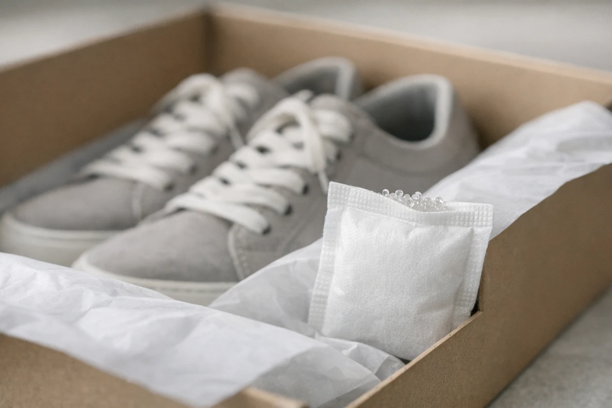 Bustina di gel di silice in una scatola di scarpe aperta con sneakers grigie e carta velina