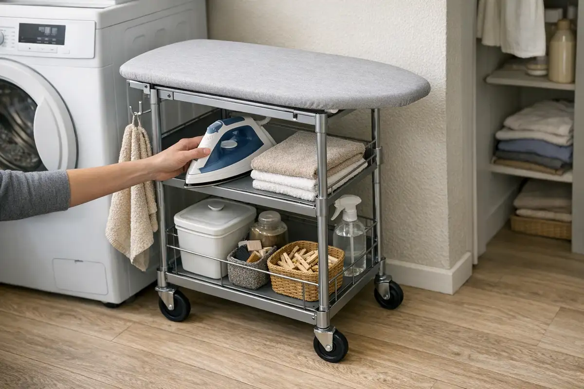 Carrello su ruote con asse da stiro compatto sopra, ferro e accessori ordinati accanto alla lavatrice