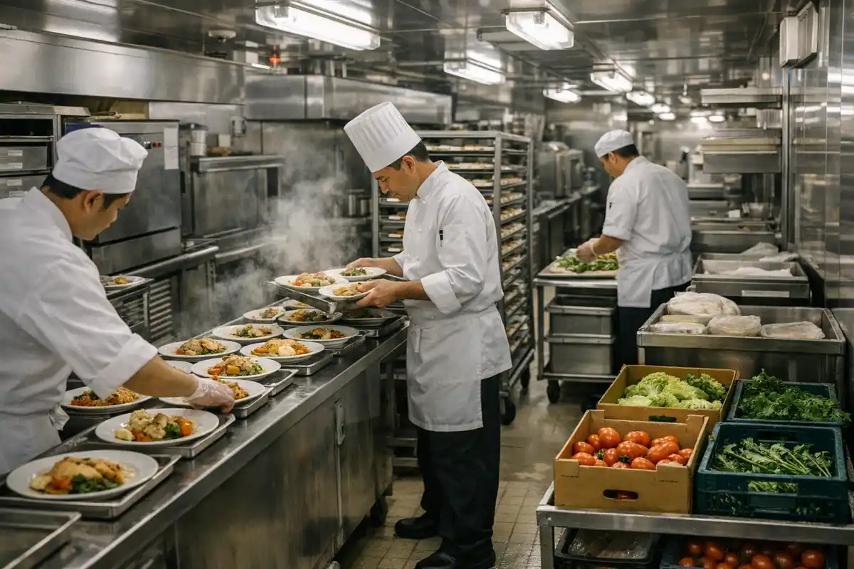 Cuochi in una grande cucina industriale mentre impiattano molti piatti, con cassette di verdure fresche
