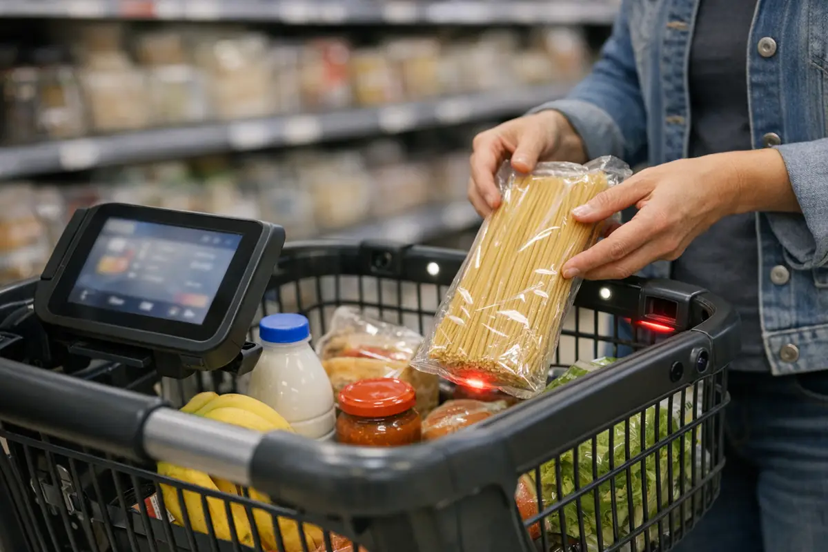 Mani di un cliente che mette un pacco di spaghetti in un carrello smart con touchscreen e sensori al supermercato