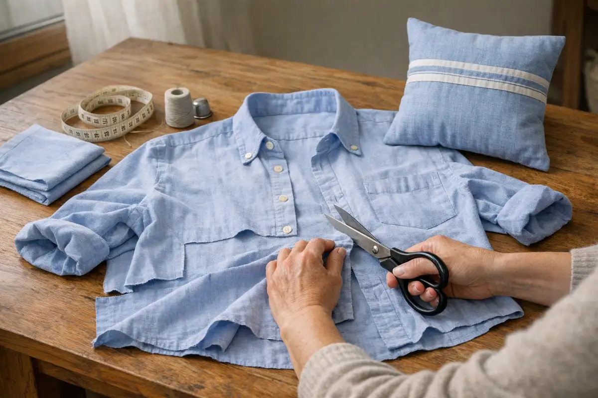 Mani che tagliano una camicia azzurra su un tavolo di legno con forbici, metro da sarta e cuscino in tessuto