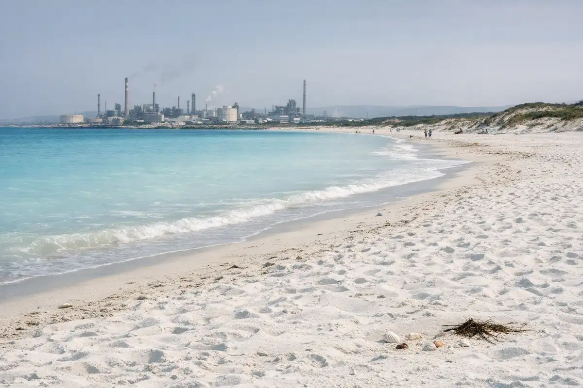 Spiaggia di sabbia bianca e mare turchese lattiginoso con impianto industriale sullo sfondo
