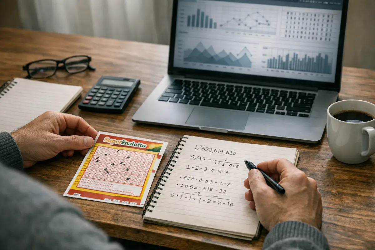 Mani su scrivania con schedina SuperEnalotto, quaderno con calcoli di probabilità e laptop con grafici statistici