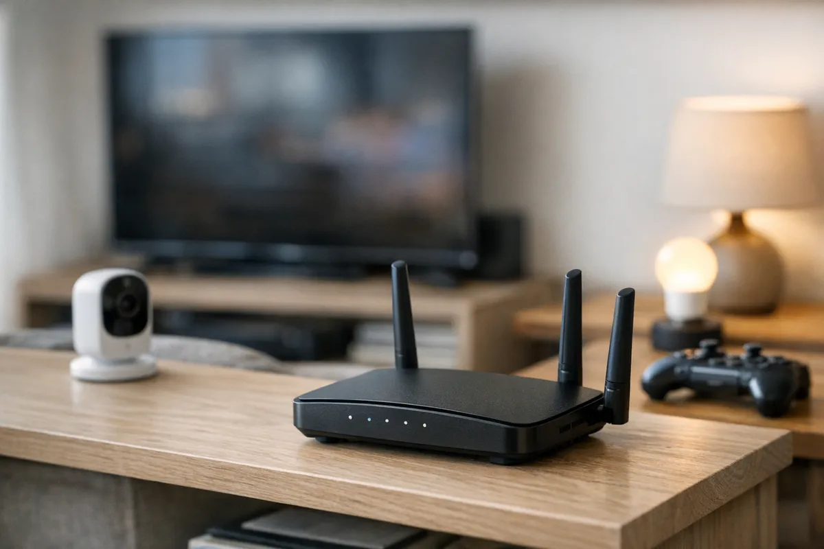 Router Wi‑Fi su tavolino in soggiorno con TV sfocata, telecamera interna, lampada e controller da gioco sullo sfondo