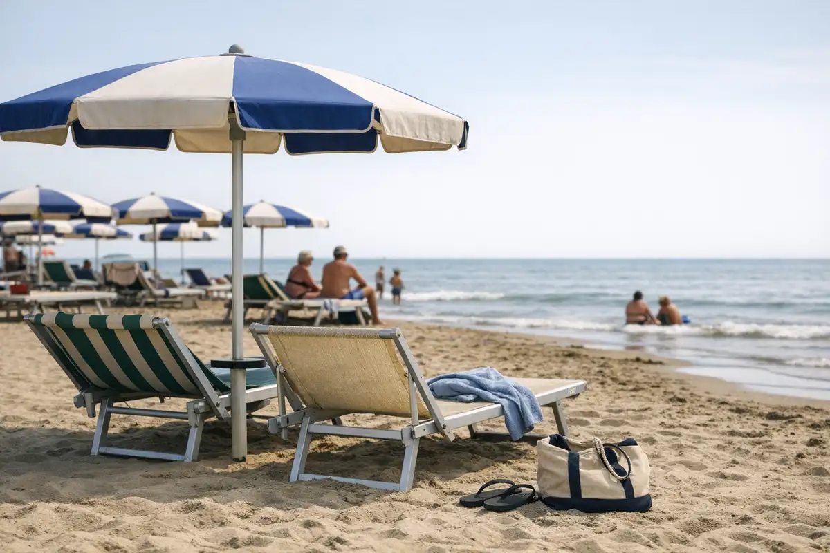 Ombrellone a righe blu e bianche con due lettini sulla sabbia, telo e borsa vicino al mare