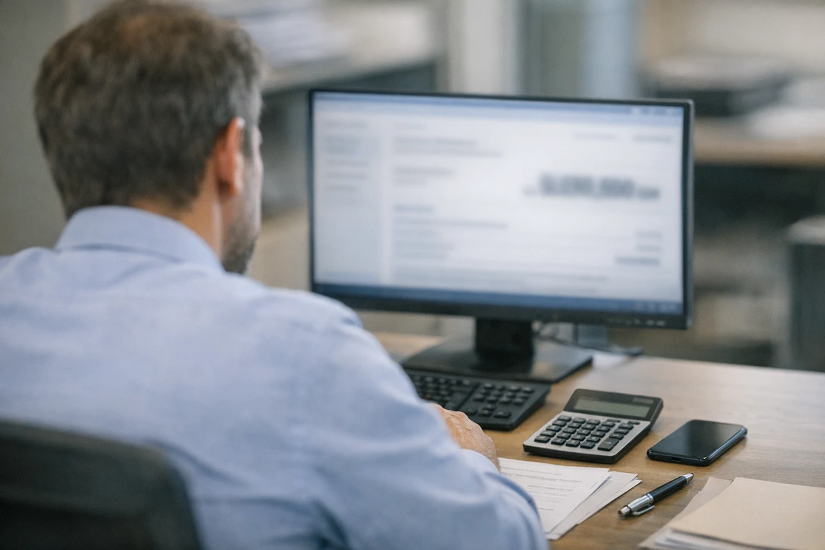 Impiegato in ufficio controlla un bonifico su un monitor, con documenti, calcolatrice e smartphone sulla scrivania