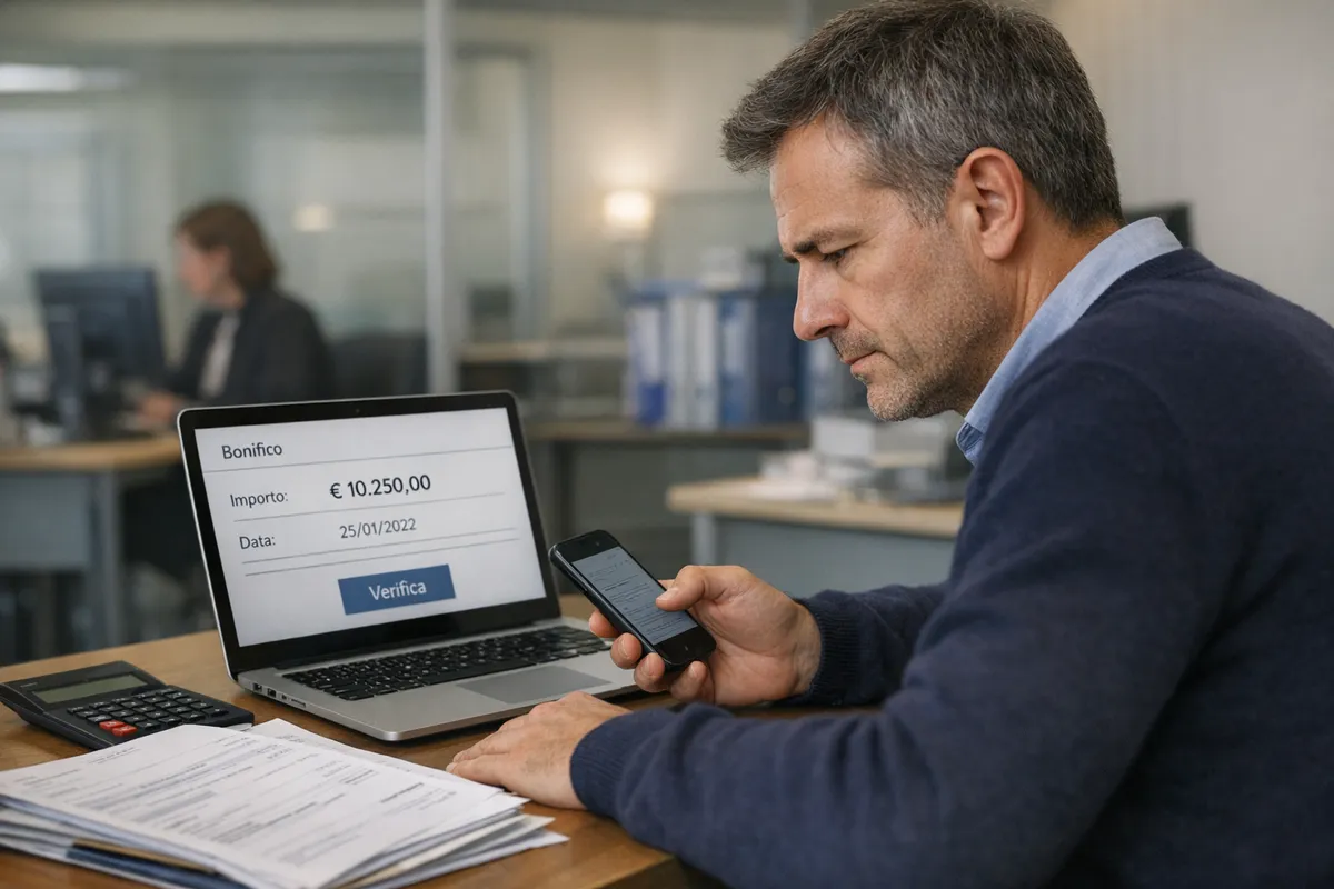 Uomo in ufficio bancario controlla un bonifico da 10.250 euro su laptop e smartphone con documenti sul tavolo