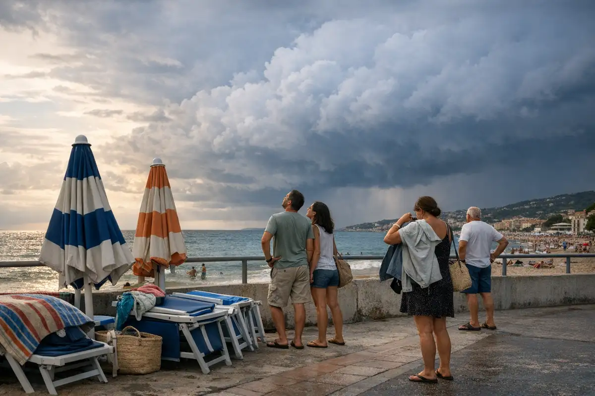Ombrelloni chiusi e lettini impilati sul lungomare mentre i bagnanti guardano nuvole temporalesche sul mare