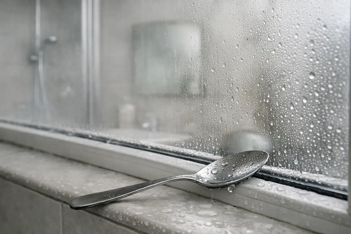 Cucchiaio in acciaio sul bordo di una finestra del bagno con vetro appannato e goccioline di condensa