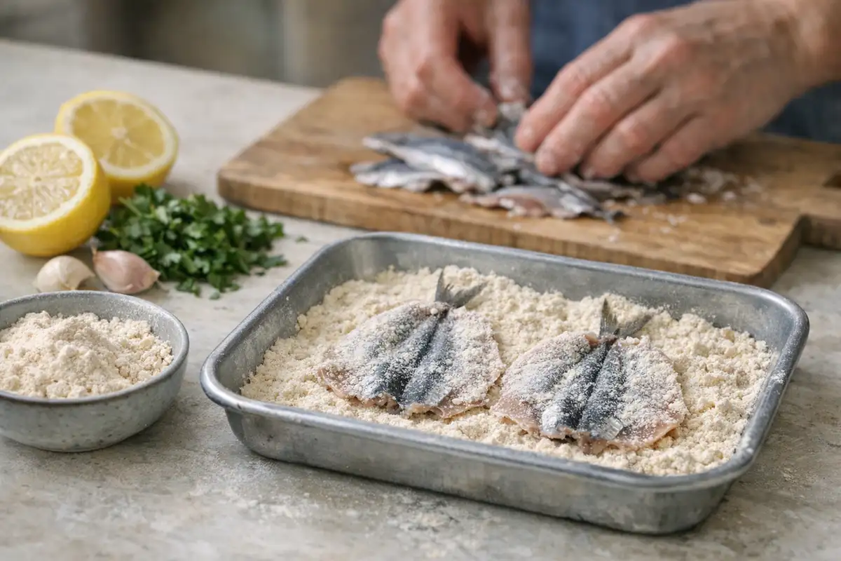 Alici aperte e infarinate in una teglia con limoni, prezzemolo e aglio, mentre mani le preparano sul tagliere