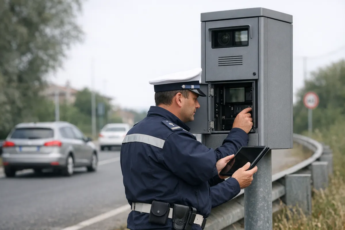 Agente controlla un autovelox aperto a bordo strada con un tablet mentre passano auto sullo sfondo