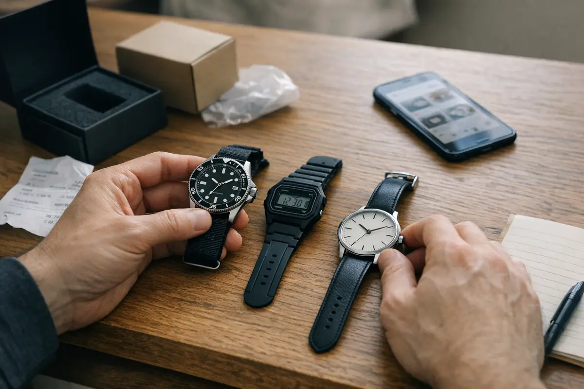 Mani che confrontano tre orologi economici su un tavolo, con scatole, scontrino e smartphone con app di rivendita sfocata