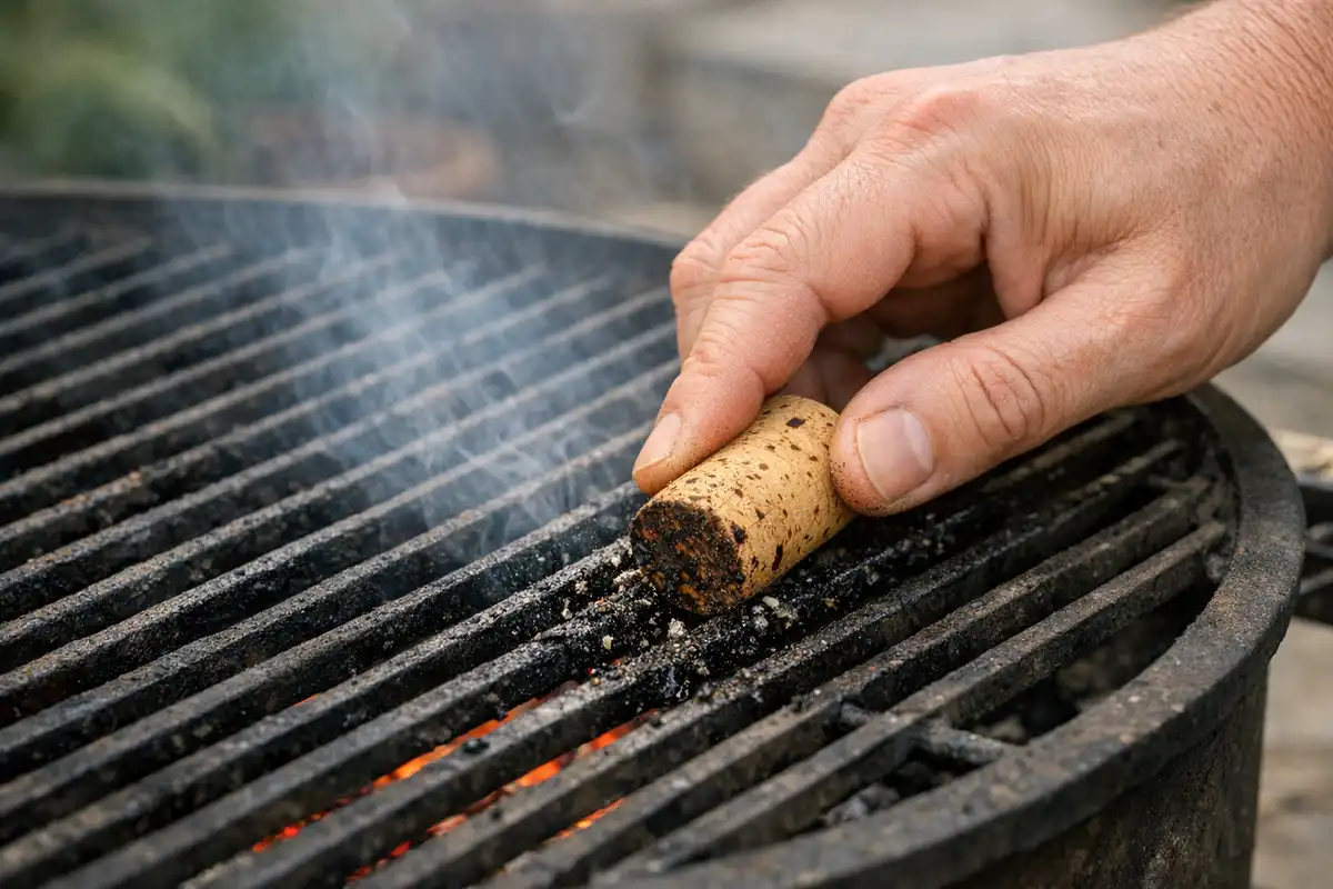 Mano che strofina un tappo di sughero sulle barre di una griglia calda con fumo e residui bruciati