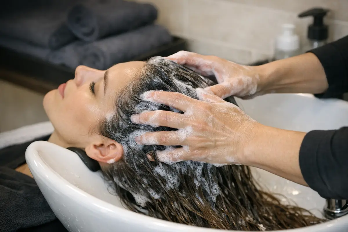 Donna con capelli lunghi bagnati mentre una persona massaggia il cuoio capelluto con shampoo in un lavatesta