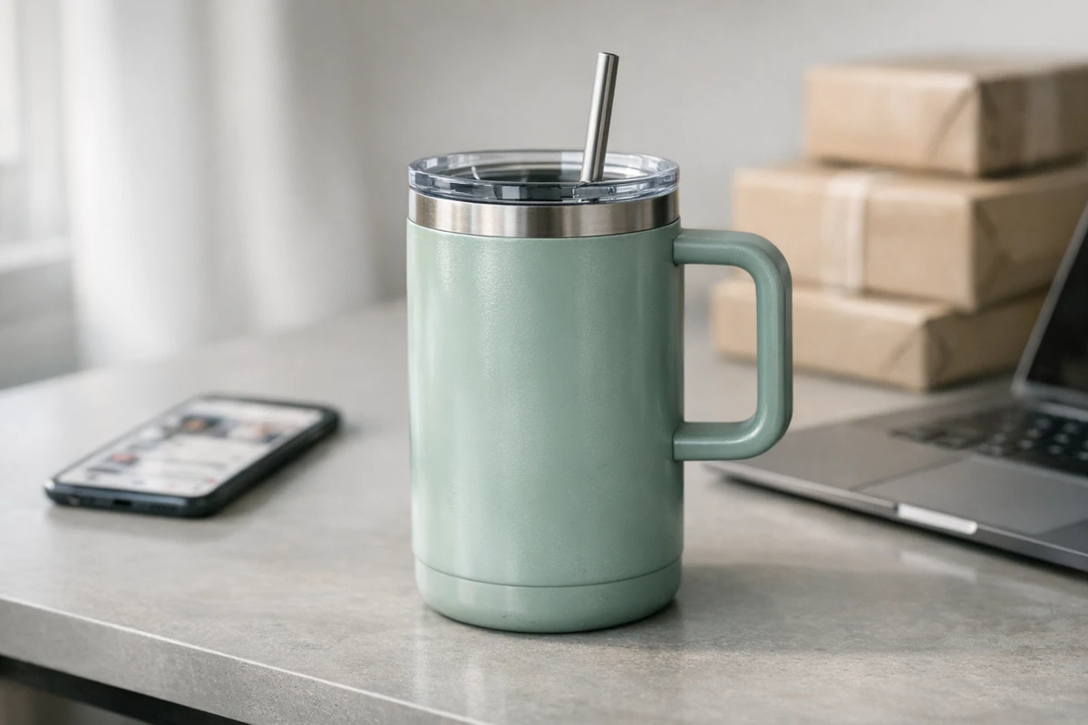Bicchiere termico verde salvia con manico e cannuccia su una scrivania, con smartphone, laptop e scatole sullo sfondo