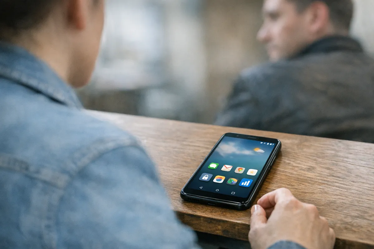 Smartphone su un tavolo con schermata iniziale visibile, mentre una persona sfocata sullo sfondo può sbirciare