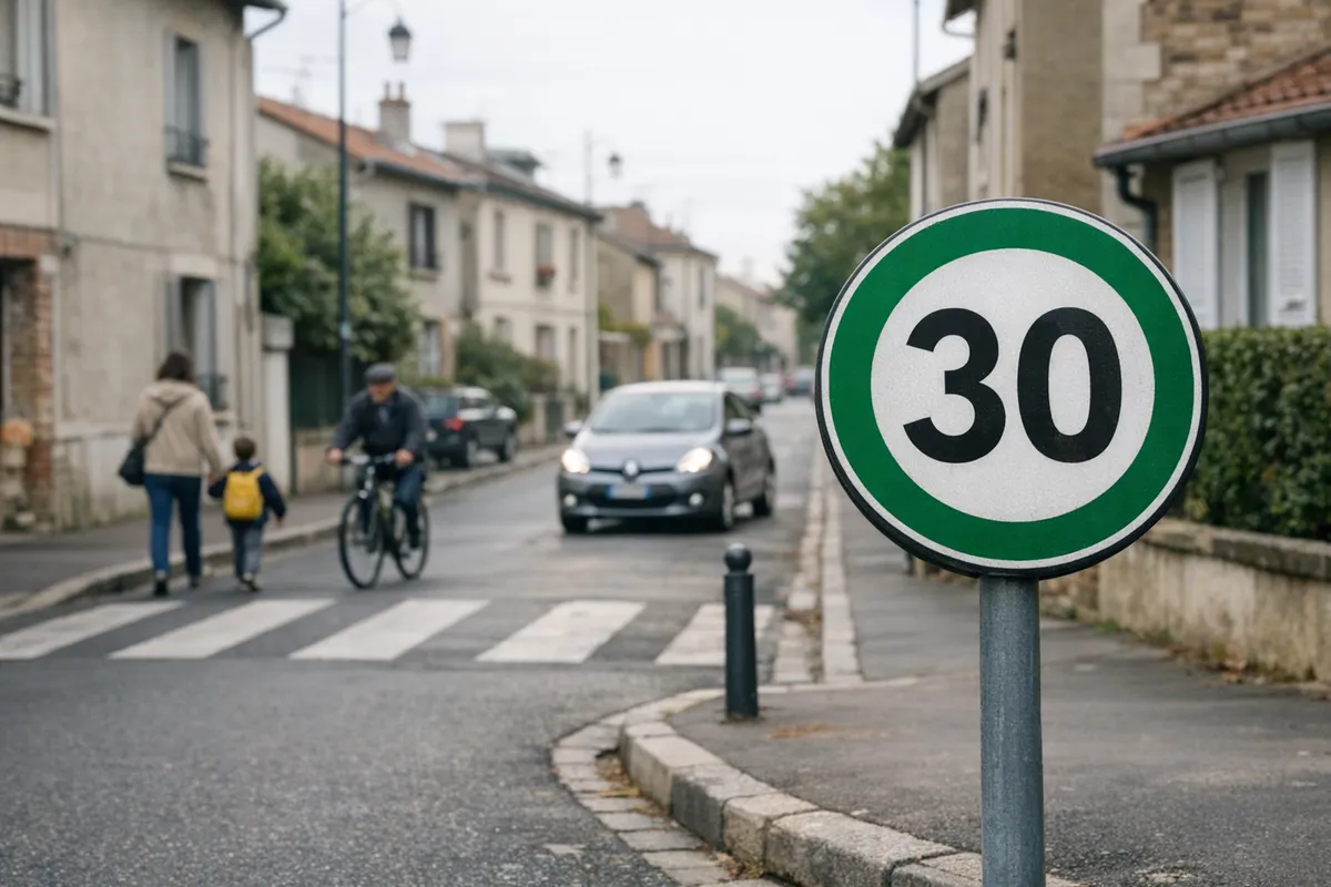Cartello rotondo con bordo verde e numero 30 in una strada residenziale con attraversamento pedonale