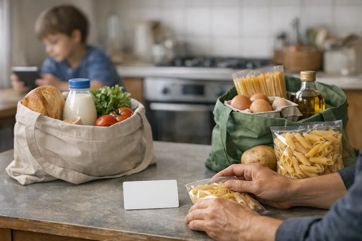 Carta bianca su un tavolo con due borse della spesa, pasta, uova, latte e verdure in cucina, con bambino sullo sfondo