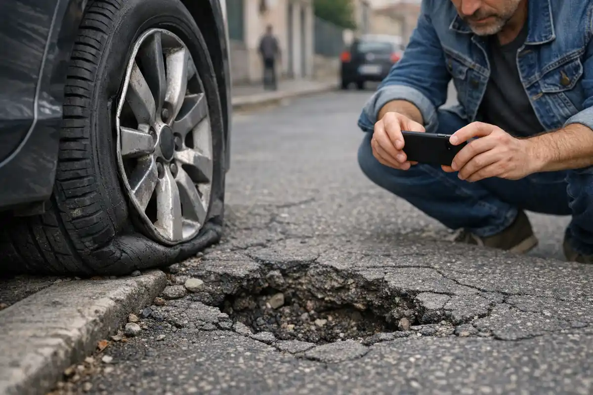 Pneumatico sgonfio accanto a una buca nell’asfalto, con un automobilista accovacciato che scatta foto con lo smartphone