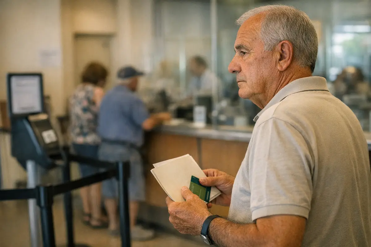 Pensionato in fila allo sportello, con ricevuta e tessera in mano, in un ufficio postale